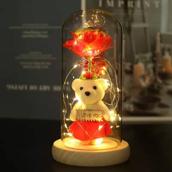 Хрустальная роза в колбе с мишкой и сердечком I Love You LED светильник декоративный ночник-подарок