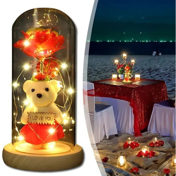 Хрустальная роза в колбе с мишкой и сердечком I Love You LED светильник декоративный ночник-подарок