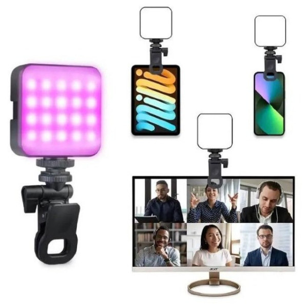 Мини видеосвет LED RGB AY-83 с аккумулятором и зажимом, портативная светодиодная лампа для фото и видео