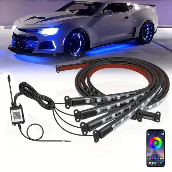 Светодиодная подсветка для дна автомобиля bluetooth 12V IP68,  LED RGB лента 2шт по 90см, 2шт по 120см