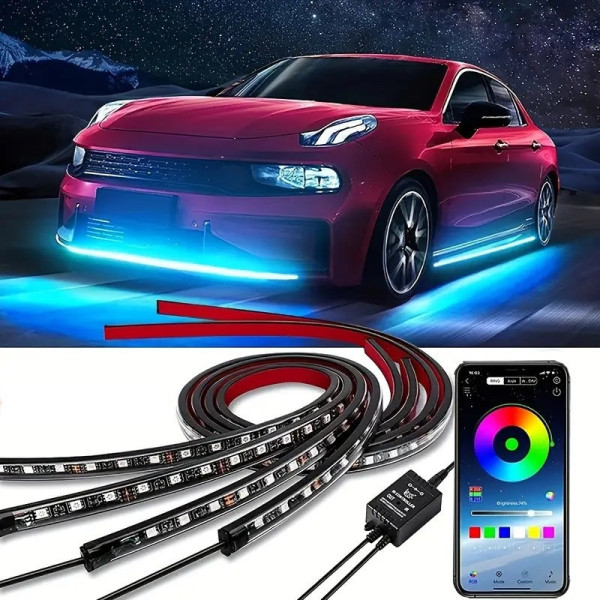 Светодиодная подсветка для дна автомобиля bluetooth 12V IP68,  LED RGB лента 2шт по 90см, 2шт по 120см