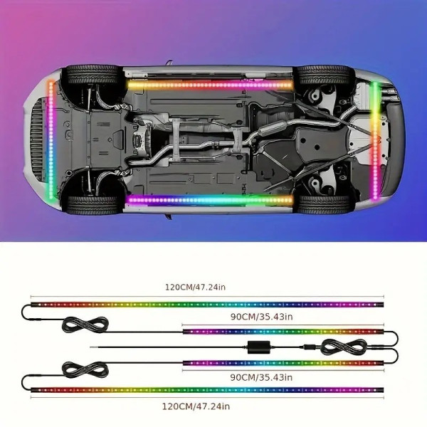 Светодиодная подсветка для дна автомобиля bluetooth 12V IP68,  LED RGB лента 2шт по 90см, 2шт по 120см