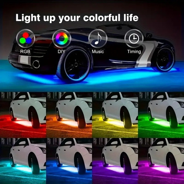 Светодиодная подсветка для дна автомобиля bluetooth 12V IP68,  LED RGB лента 2шт по 90см, 2шт по 120см