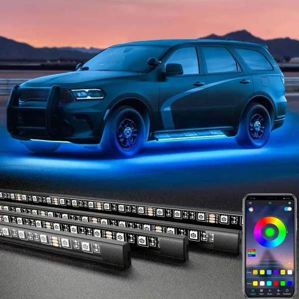 Светодиодная подсветка для дна автомобиля bluetooth 12V IP68,  LED RGB лента 2шт по 90см, 2шт по 120см