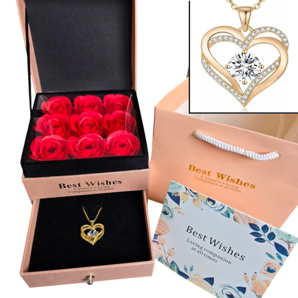 Подарочный набор роз из мыла Best Wishes Нeart Love 9 штук в розовой шкатулке с кулоном цепочкой Сердце