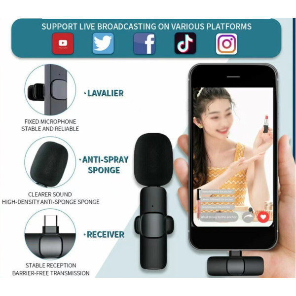 Беспроводной петличный микрофон K9 Wireless Lavalier Microphone с переходниками и адаптером Lightning TypeC