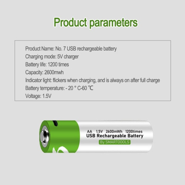 Комплект батареек AA 2шт аккумуляторные 2600mWh с Type-C на 1.5V