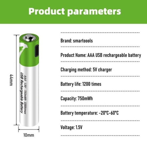 Комплект батарейки AAA аккумуляторные 750mWh 2 шт с USB Type-C от Smartoools на 1.5V