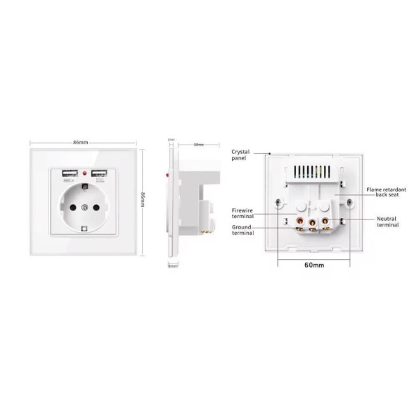 Розетка SIXWGH с 2 USB-портами WH034W с заземлением