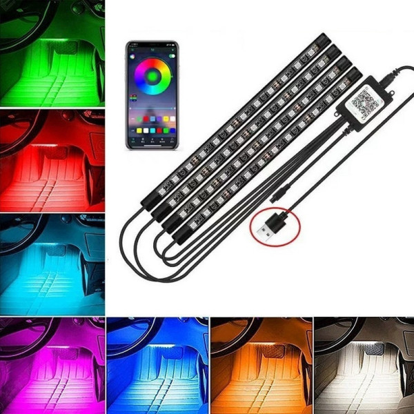 Светодиодные ленты подсветка для салона авто RGB LED с управлением через телефон APP