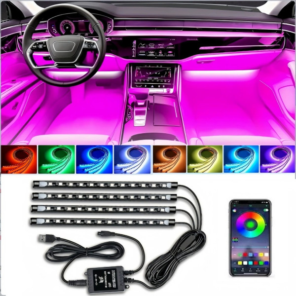 Светодиодные ленты подсветка для салона авто RGB LED с управлением через телефон APP