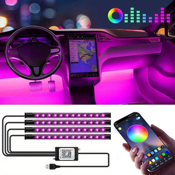 Светодиодные ленты подсветка для салона авто RGB LED с управлением через телефон APP