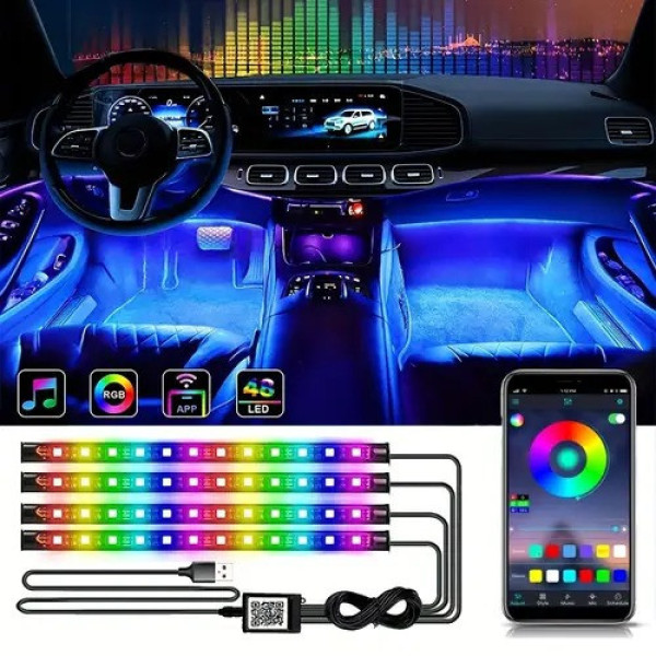 Светодиодные ленты подсветка для салона авто RGB LED с управлением через телефон APP