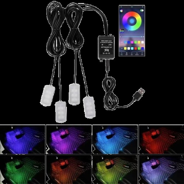 Светодиодная подсветка салона авто USB Bluetooth RGB подсветка ног в авто 4шт c приложением