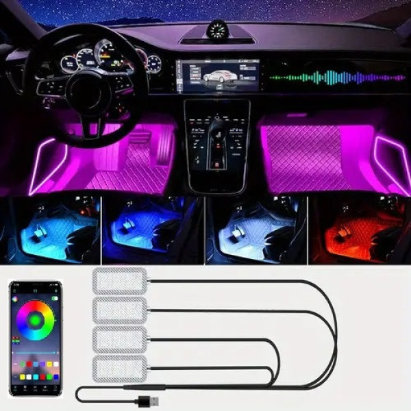 Светодиодная подсветка салона авто USB Bluetooth RGB подсветка ног в авто 4шт c приложением