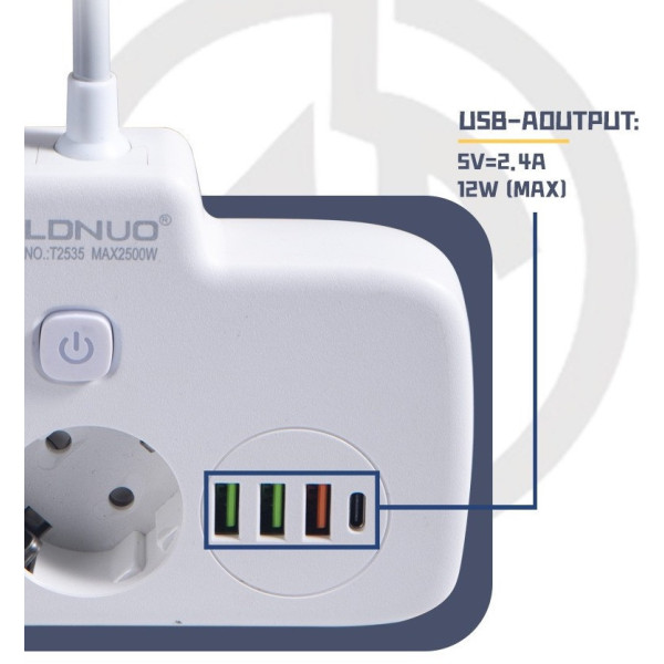 Сетевой фильтр LDNIO SE2435 с USB, QC3.0, PD 20Вт, 2 розетки EU, 4 USB, защита от перегрева