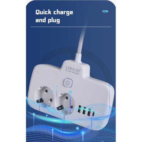 Сетевой фильтр LDNIO SE2435 с USB, QC3.0, PD 20Вт, 2 розетки EU, 4 USB, защита от перегрева