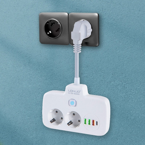 Сетевой фильтр LDNIO SE2435 с USB, QC3.0, PD 20Вт, 2 розетки EU, 4 USB, защита от перегрева