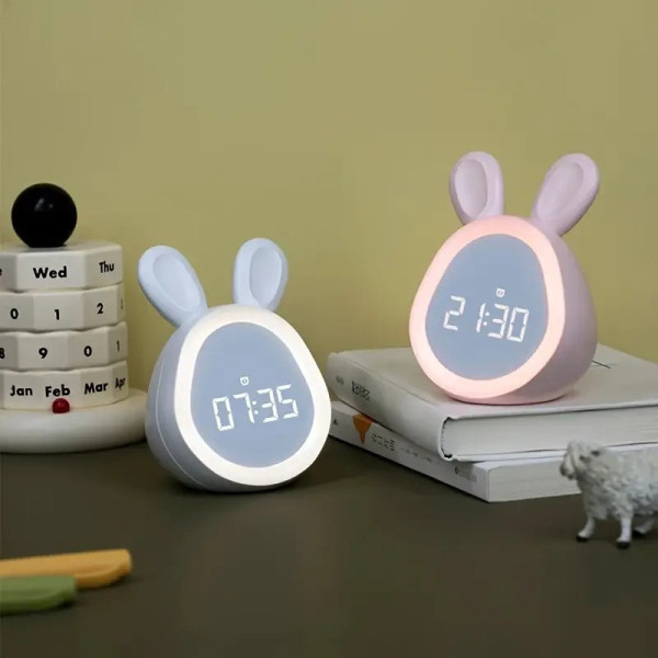 Электронные настольные часы-ночник Зайчик с LED дисплеем подсветкой будильником аккумулятор 1500 мАч