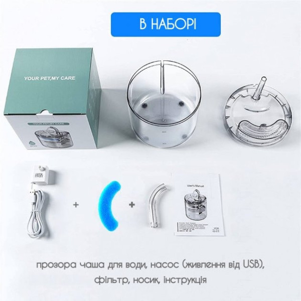 Автоматический питьевой фонтан для котов 1.8 л, USB, фильтр, датчик движения, бесшумный