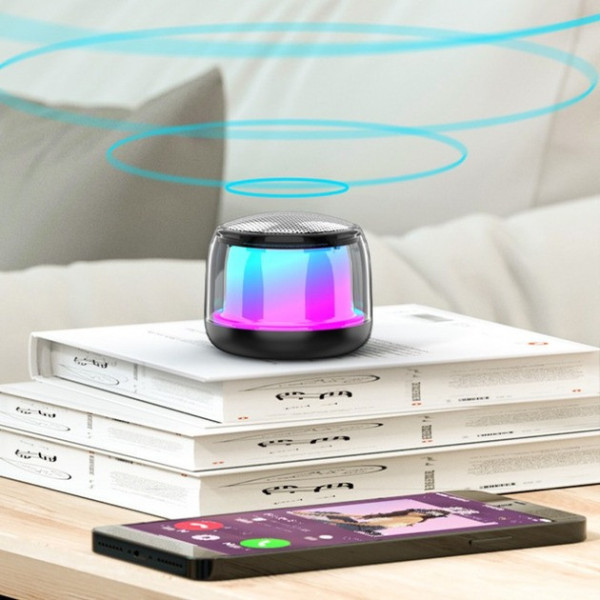 Мини Bluetooth колонка с влагозащитой и сине-фиолетовой подсветкой
