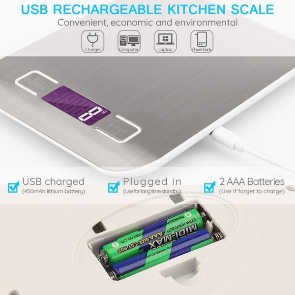 Цифровые кухонные весы AND906 с LCD-дисплеем, USB и батарейное питание
