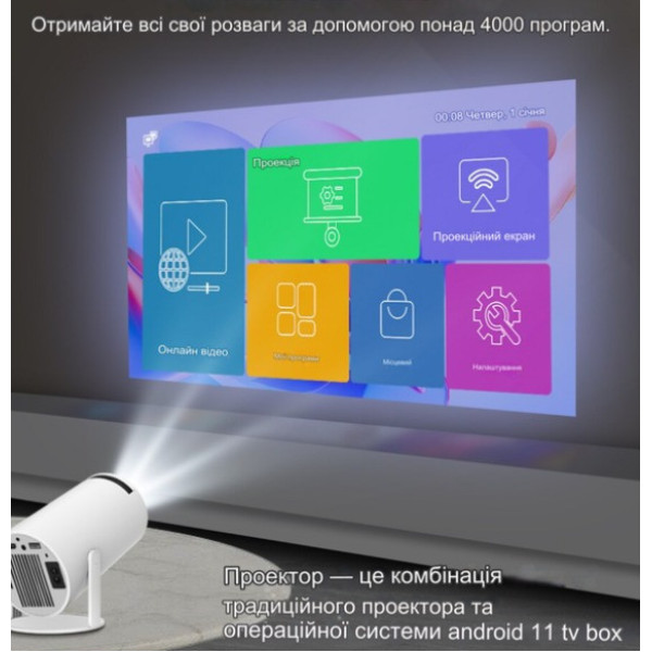Смарт-проектор LED Android 11, Wi-Fi, Bluetooth, 100", 1080p, HDMI, USB