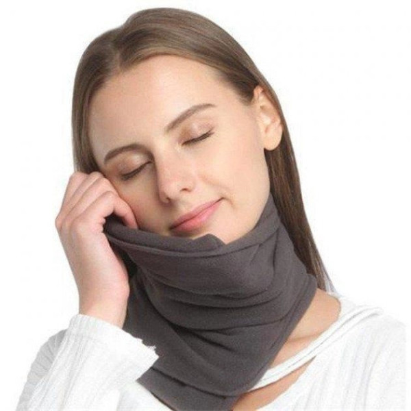 Подушка для путешествий на шею Travel Pillow, шарф-тип, серая, для комфортного сна в транспорте