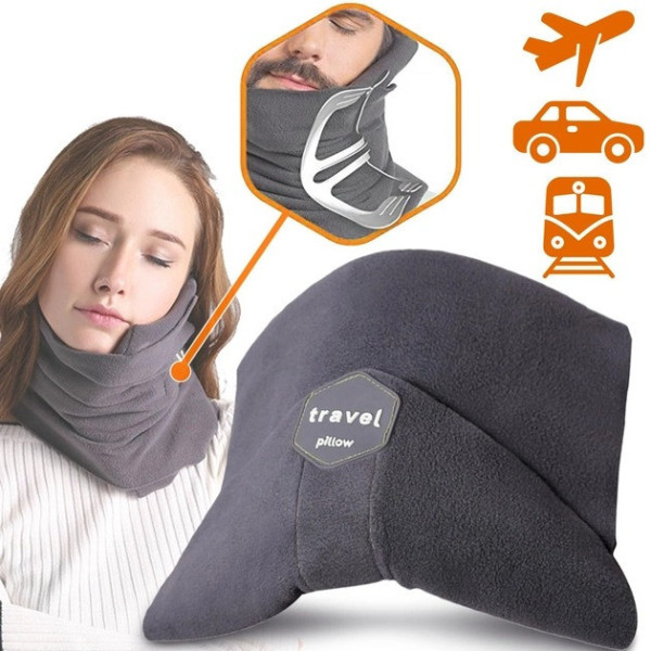 Подушка для путешествий на шею Travel Pillow, шарф-тип, серая, для комфортного сна в транспорте