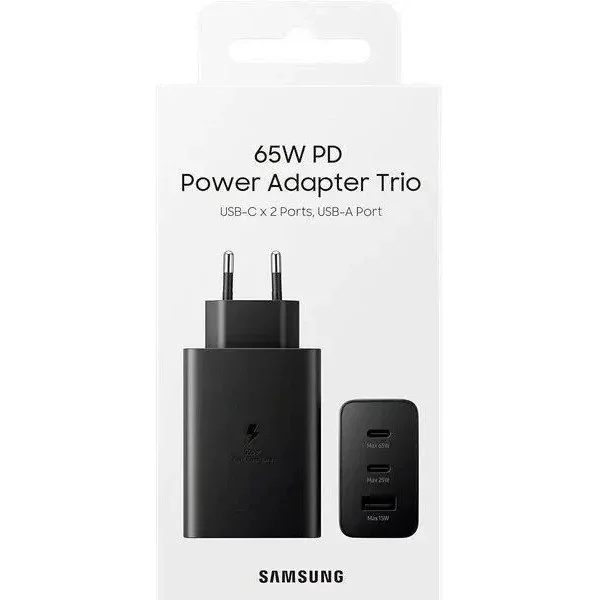 Сетевое зарядное устройство 65W Trio с 2 Type-C и USB-A, поддержка быстрой зарядки PD 3.0 / SFC / AFC, черное