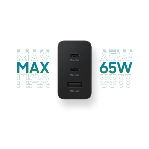 Сетевое зарядное устройство 65W Trio с 2 Type-C и USB-A, поддержка быстрой зарядки PD 3.0 / SFC / AFC, черное