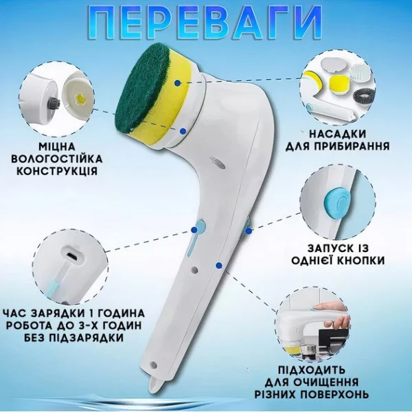 Аккумуляторная щётка для мытья посуды Electric Cleaning Brush с USB и вращающимися насадками