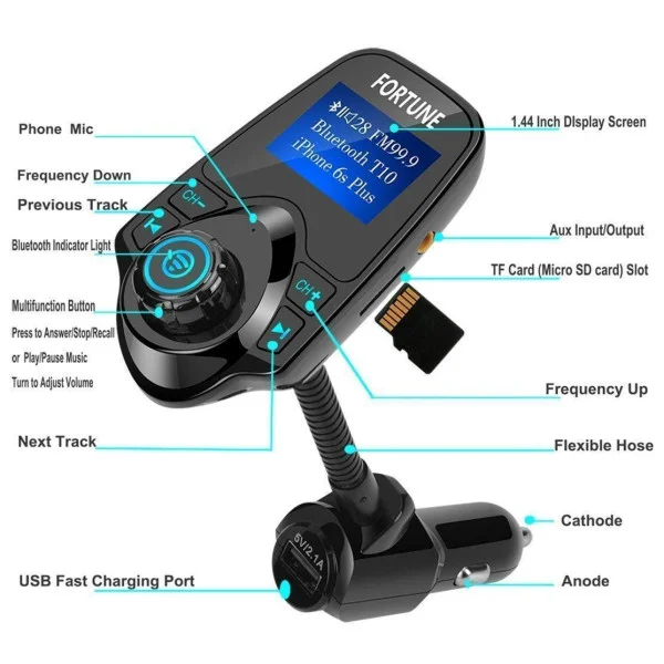 FM-модулятор авто с Bluetooth T10, USB зарядка и LCD экран, черный