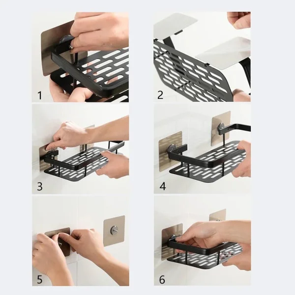 Подвесная настенная полка для ванной комнаты STORAGE RACK AND197 с крючками, черная