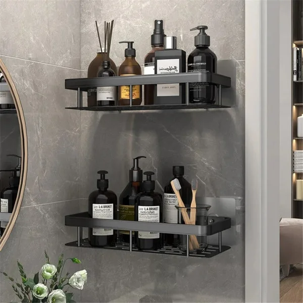 Подвесная настенная полка для ванной комнаты STORAGE RACK AND197 с крючками, черная