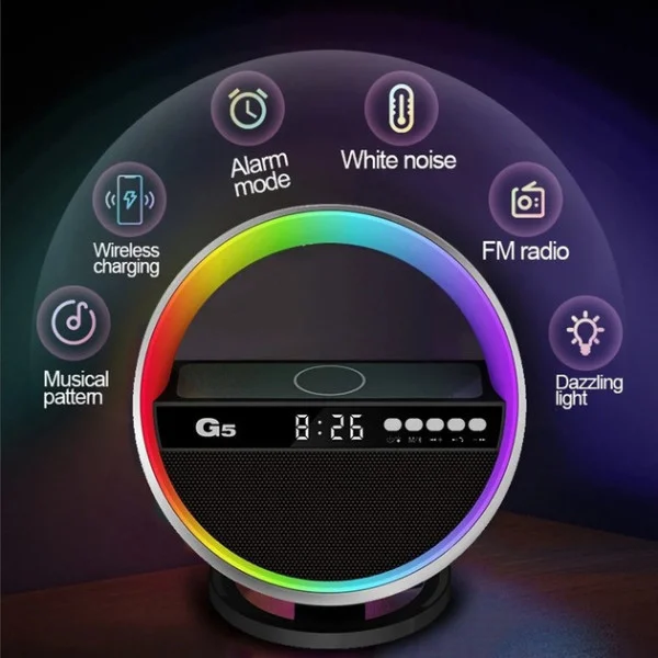 Колонка G5 с будильником, RGB-светом и беспроводной зарядкой / Многофункциональная зарядка G5 с RGB-подсветкой